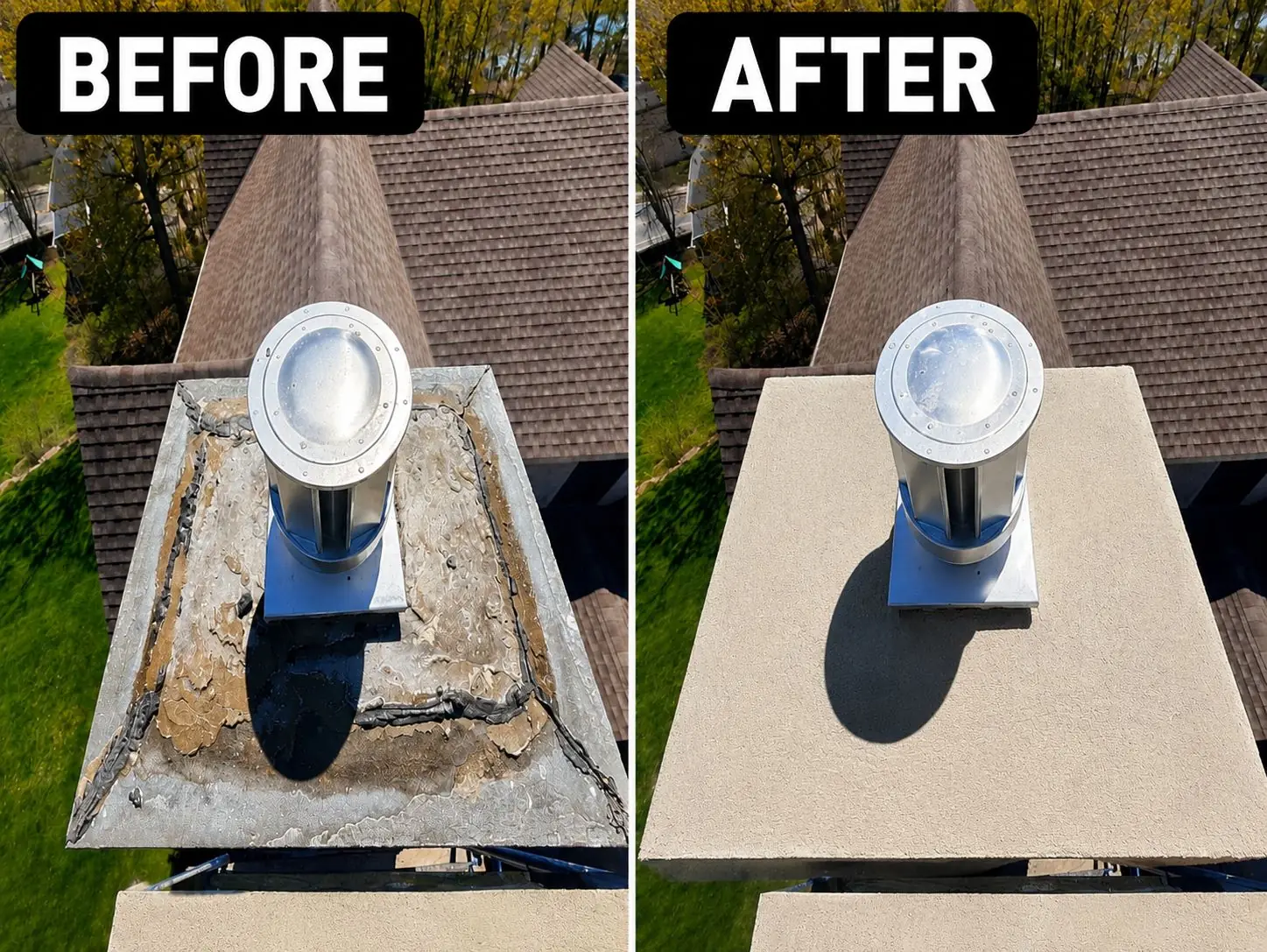 Chimney Crown Repair in Braintree, MA — Before & after resurfaced
