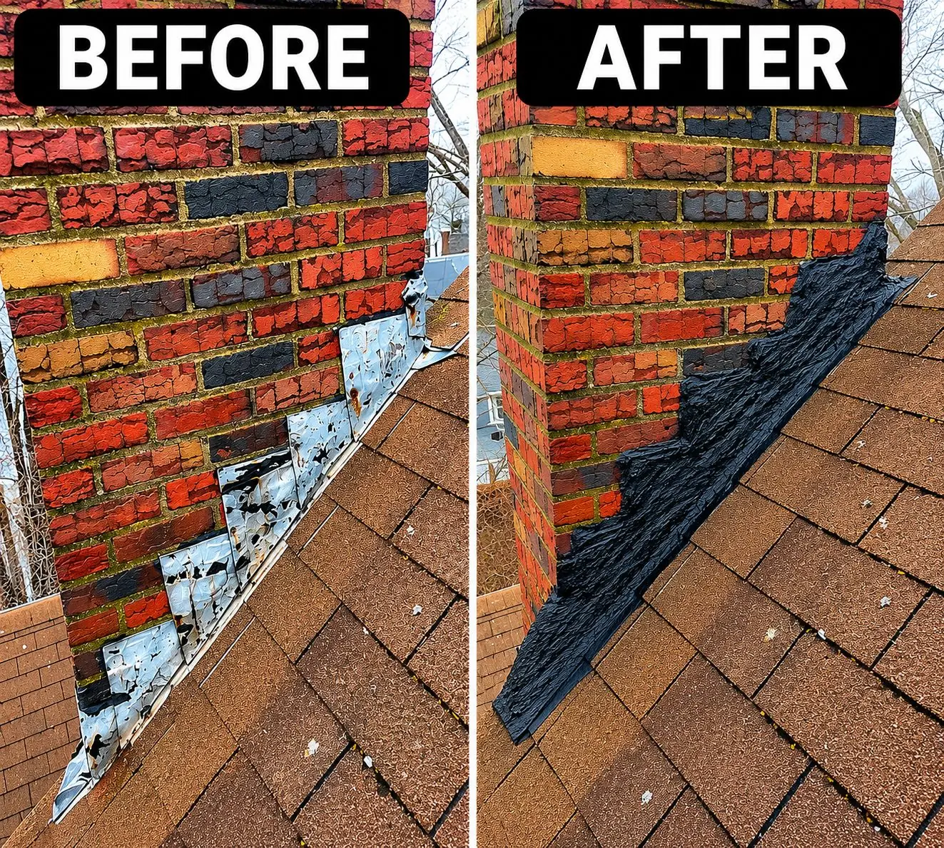 Chimney Flashing Repair in Dedham, MA — Before & after