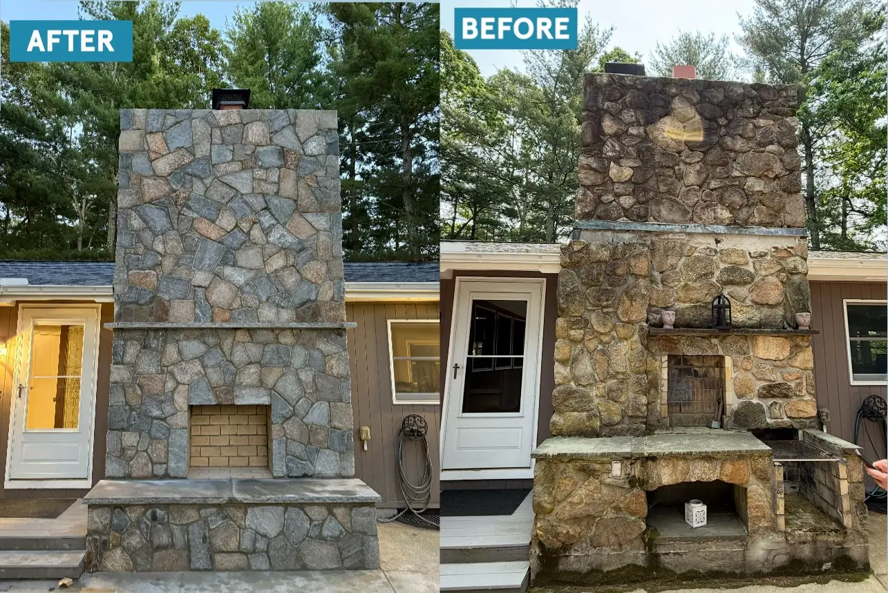 Chimney Rebuild in Dedham, MA — Stone fireplace before & after