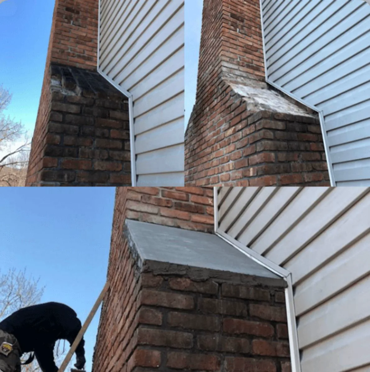 Chimney Repair in Dedham, MA — Before & after shoulder