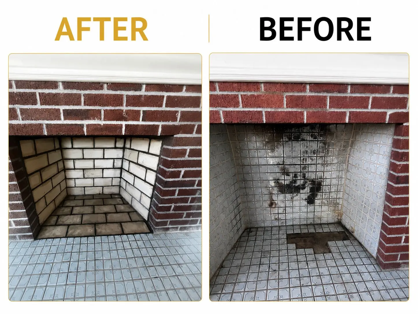 Fireplace Rebuild in Dedham, MA — Before & after white brick firebox