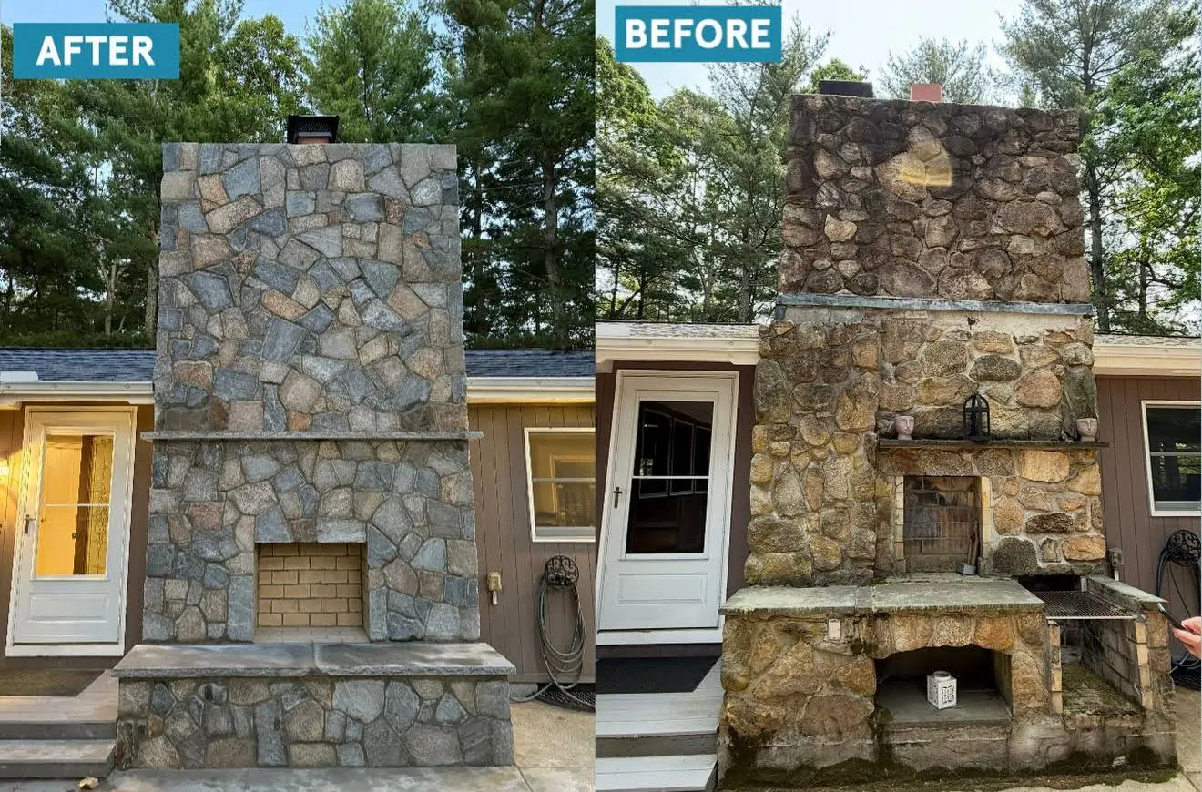 Before and after — outdoor stone fireplace fully rebuilt by Chimney Goat