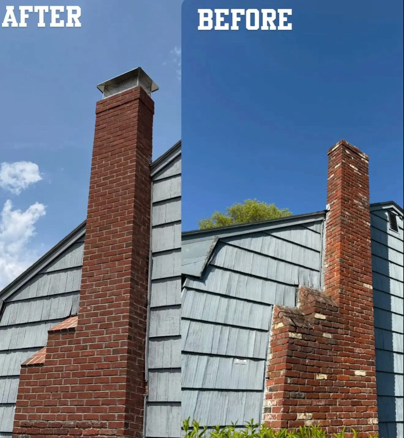 Before and after — full chimney rebuild from base to crown