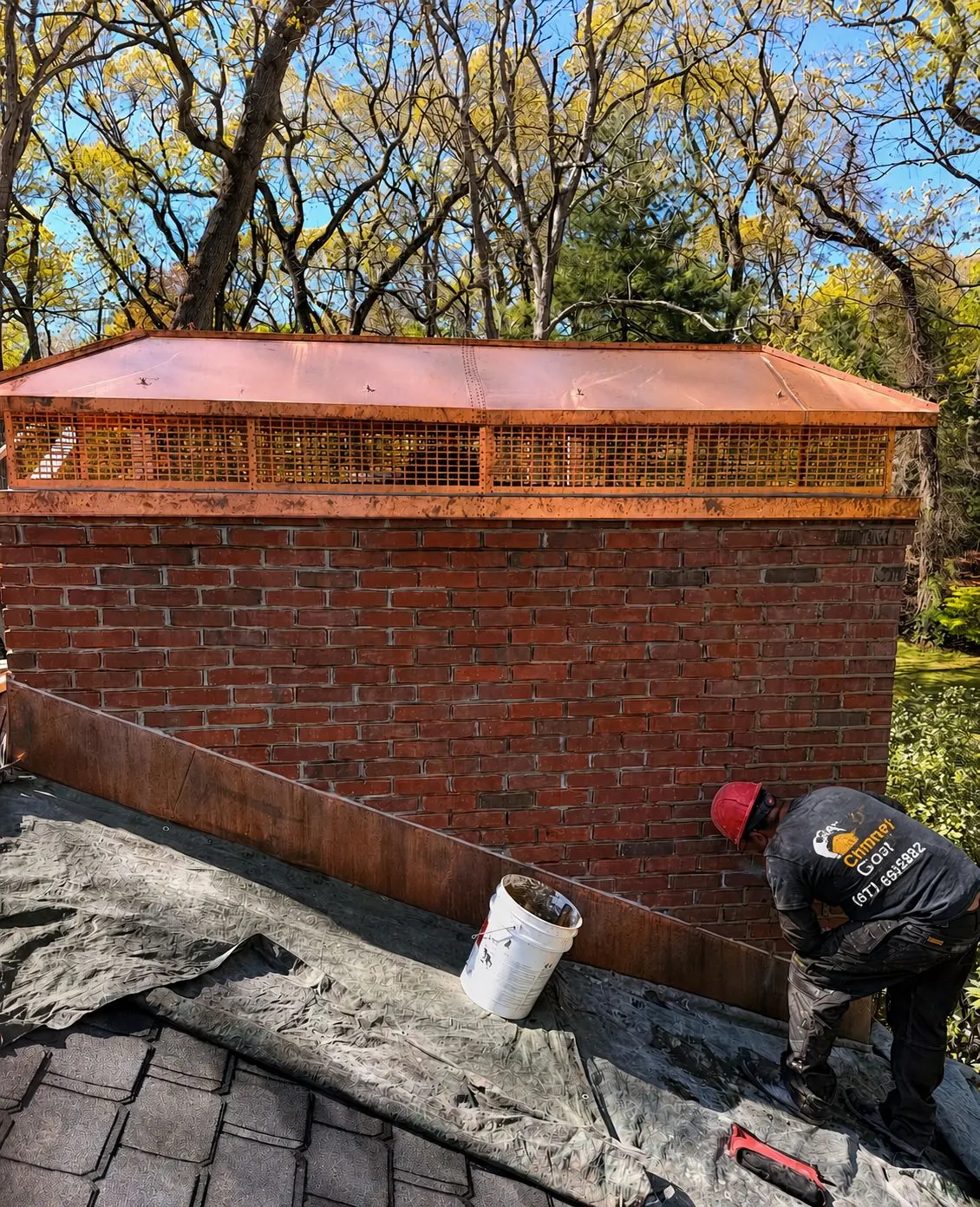 New copper chase cover and spark screen installed on a red brick chimney by a Chimney Goat technician in Quincy