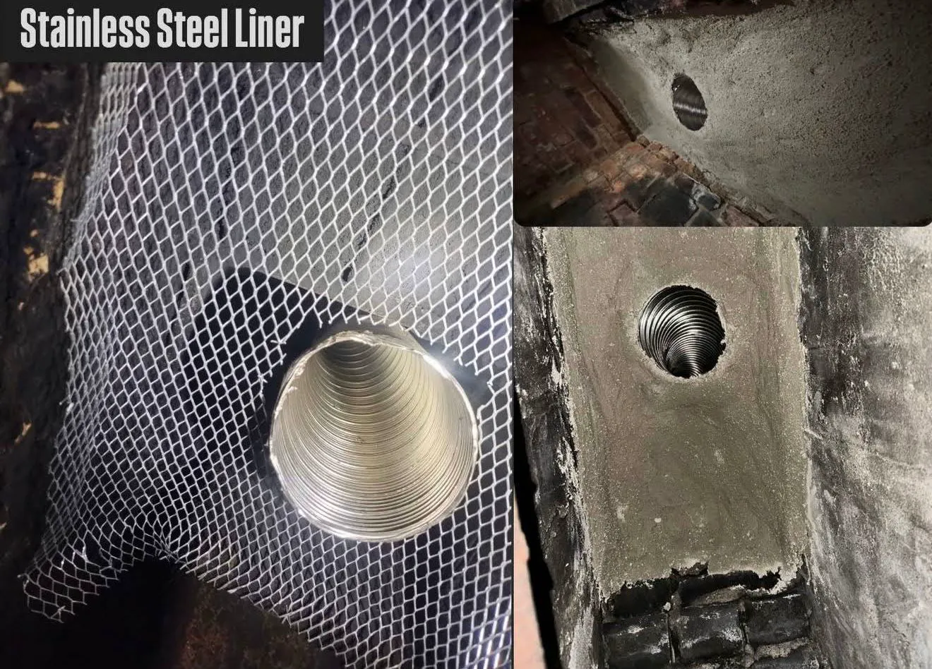 Flexible stainless steel chimney liner installation — close-up of the liner and the relined flue