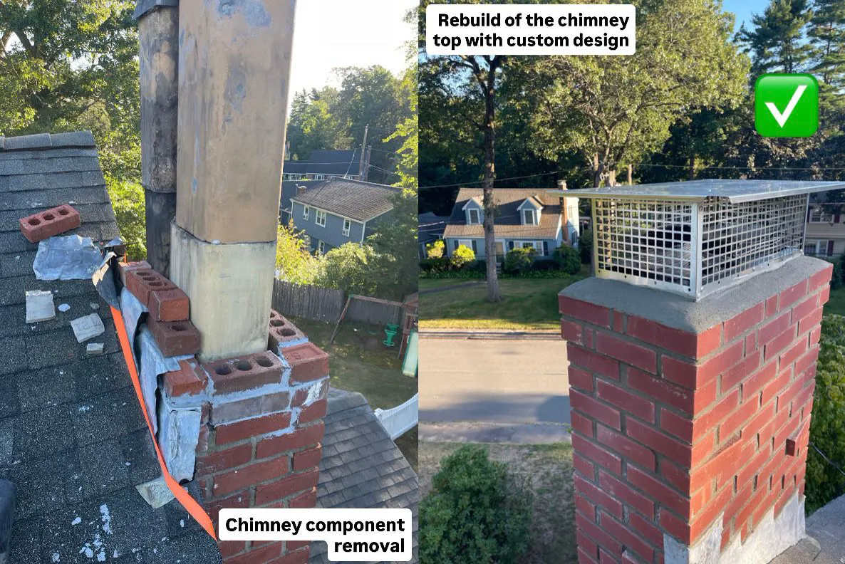 Before and after — old chimney top removed and rebuilt with a custom cap