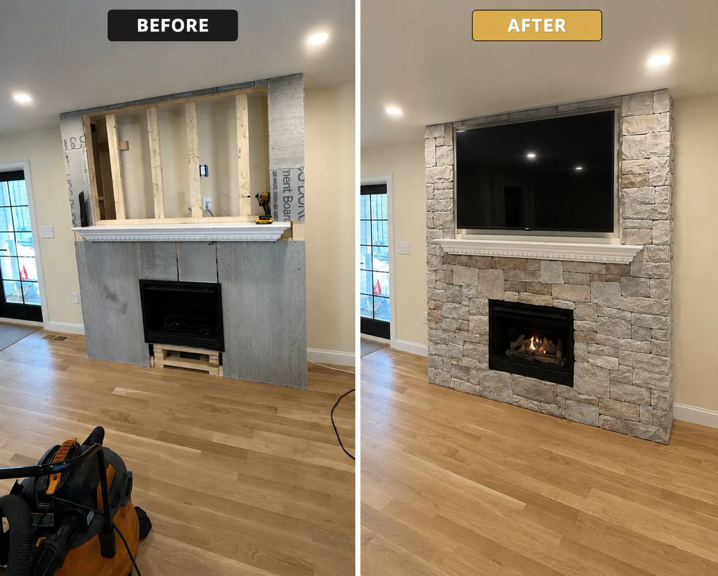 Before and after — living room fireplace refaced with stacked stone veneer and a gas insert