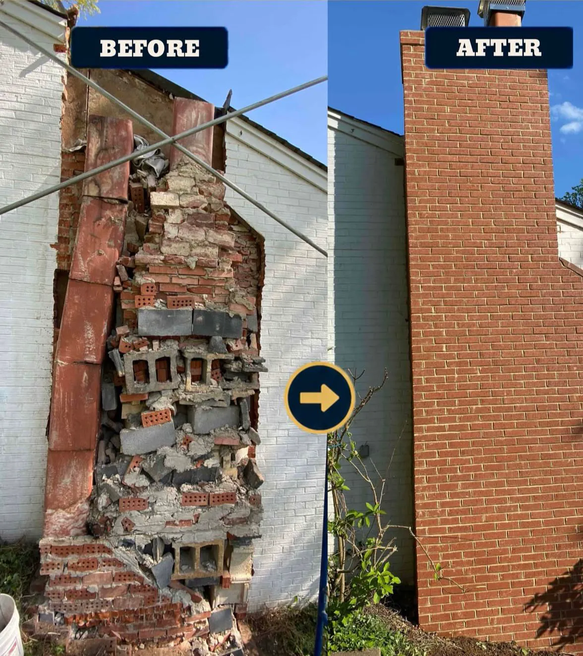 Before and after — a collapsing brick chimney fully rebuilt in new red brick