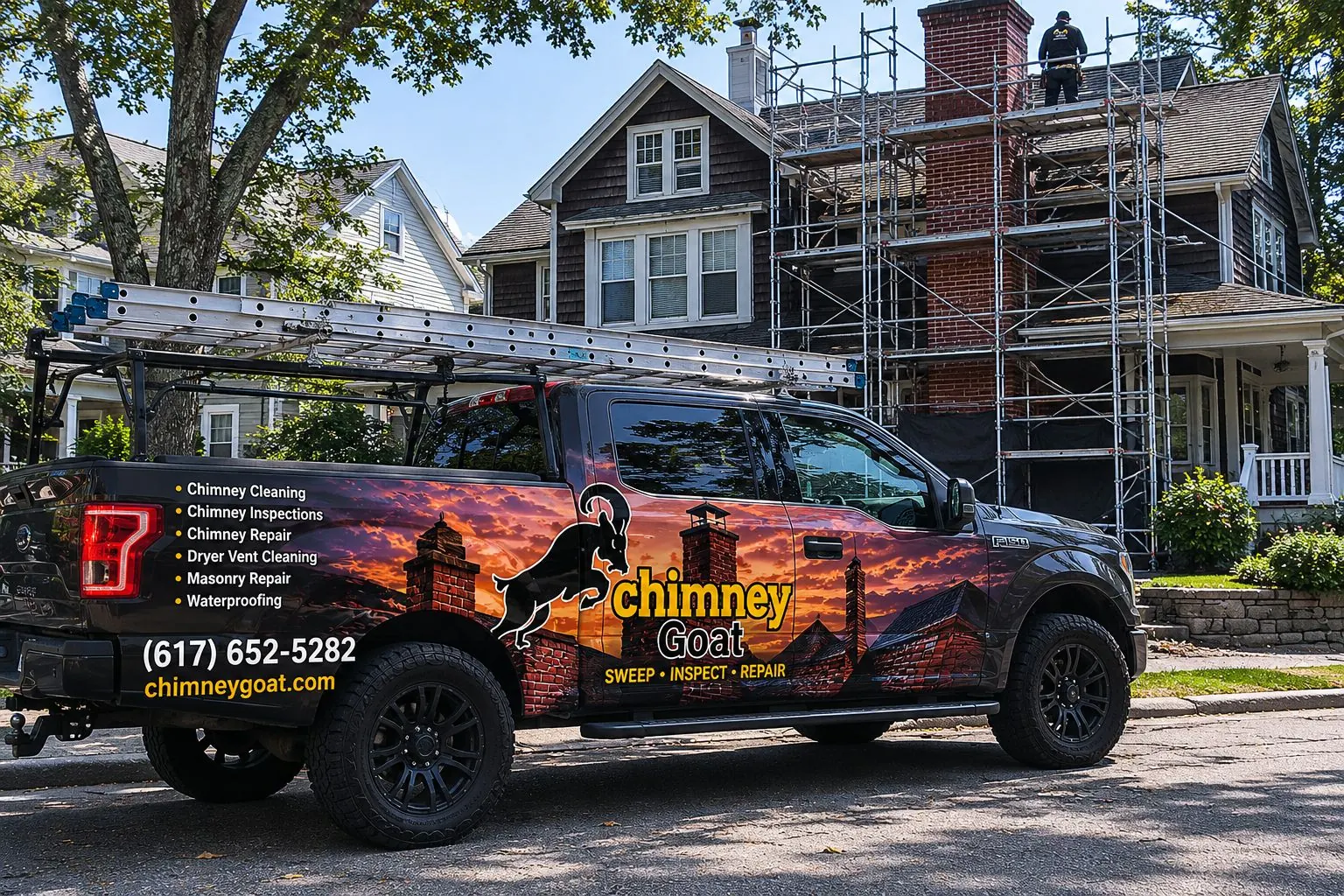 Chimney Goat branded truck parked outside a Quincy home with crew working on a chimney rebuild on scaffolding