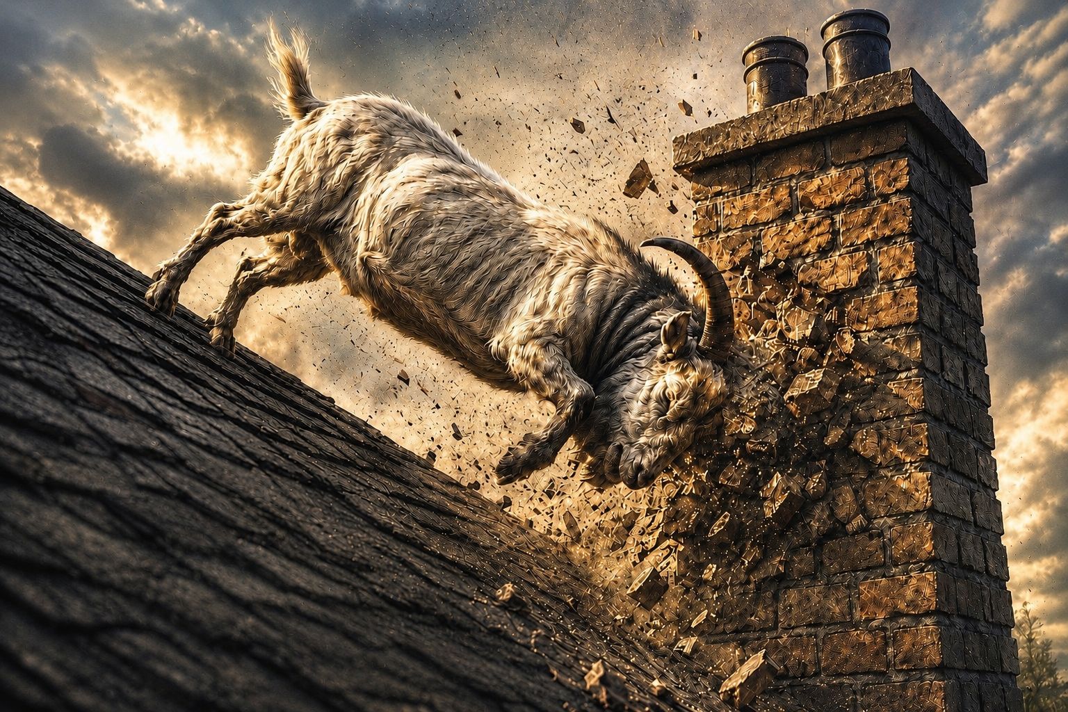 The Chimney Goat on a chimney with dramatic sky backdrop
