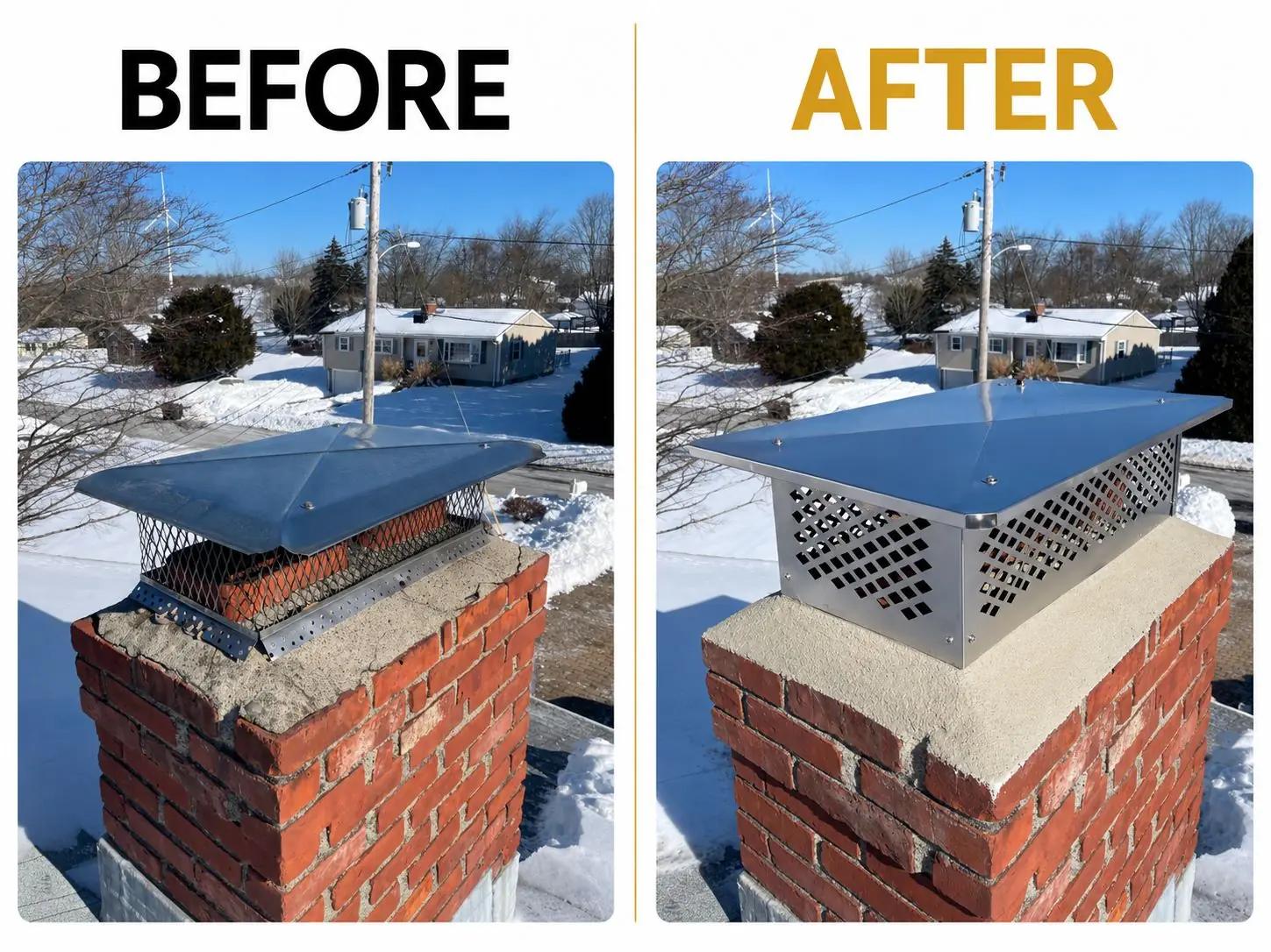 Before and after chimney cap installation with a new stainless cap in Quincy