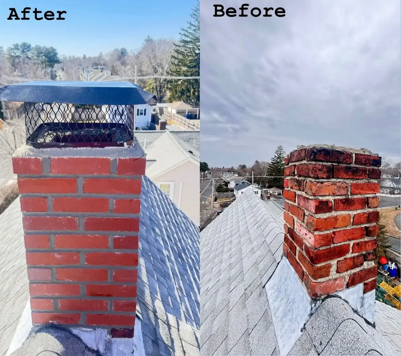 Brick chimney rebuild with a new cap, before and after