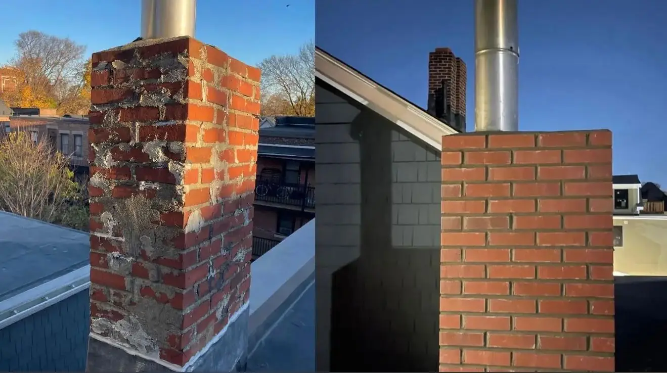 Brick chimney rebuild with deteriorated brick replaced, before and after