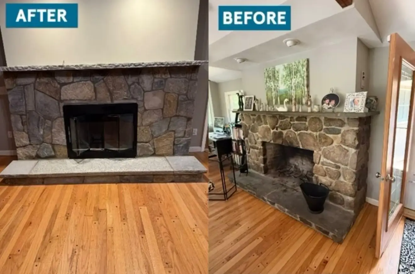 Interior stone fireplace rebuild, before and after