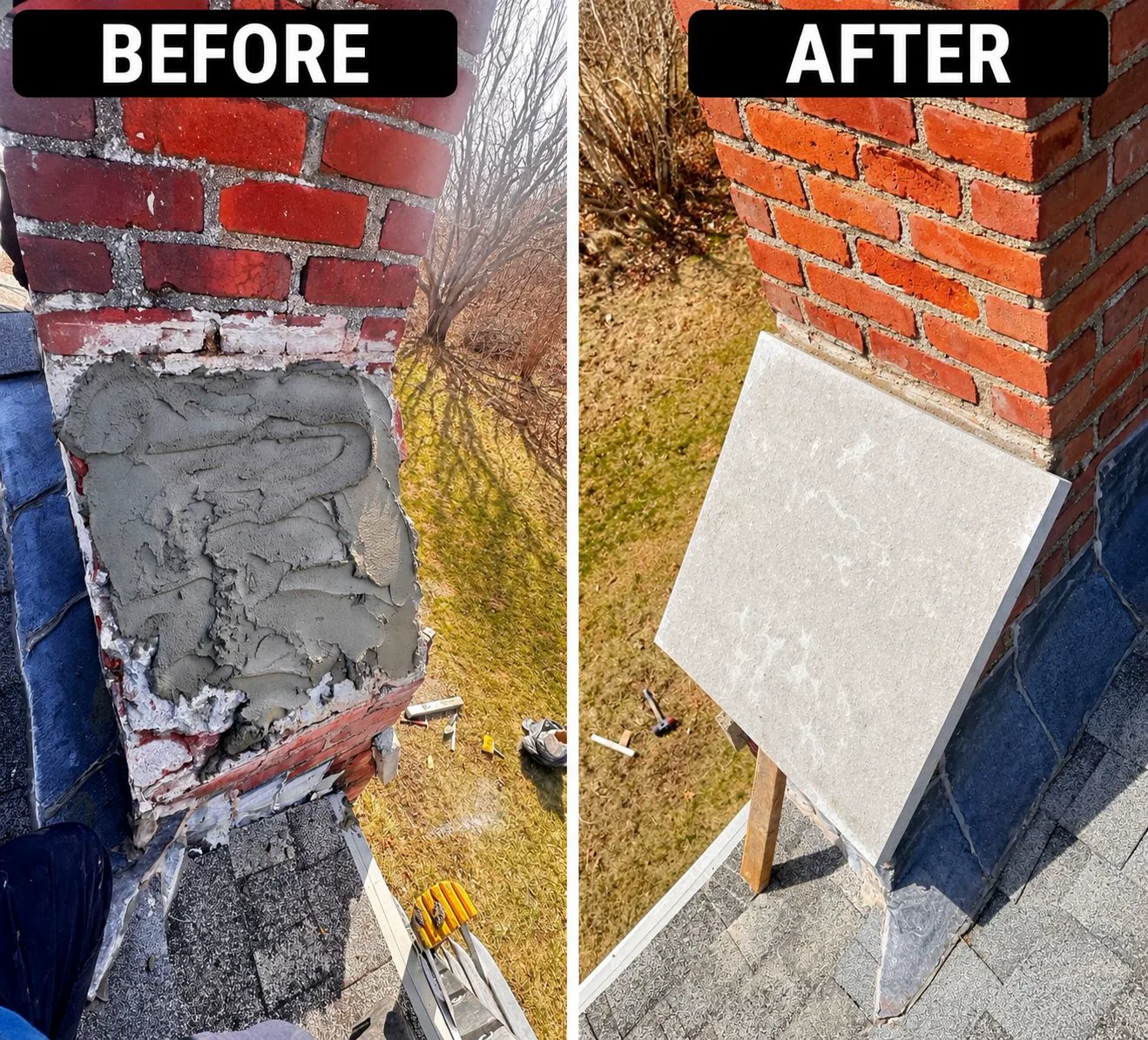 Brick chimney corner and crown repair, before and after